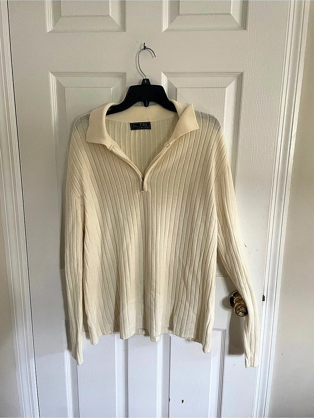 100% Cotton Ribbed Half-Zip Sweater in Cream